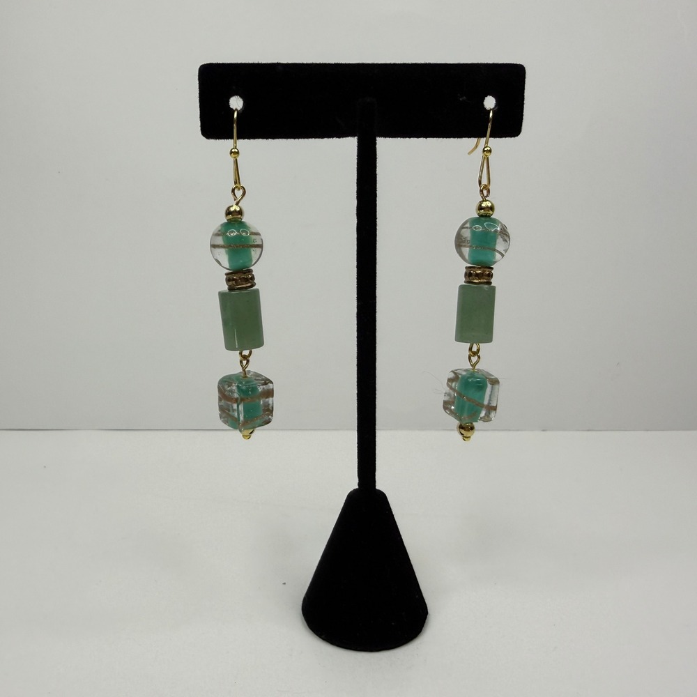 Green Jade Glass Dangle Drop Earrings Gold Tone Accents Hook Lobe Jewelry 2.5 in